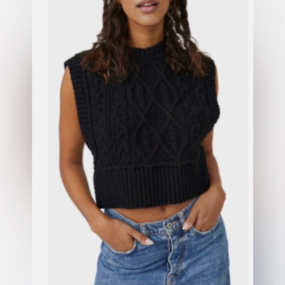 Free People Black Cable Knit Cropped Sweater Vest